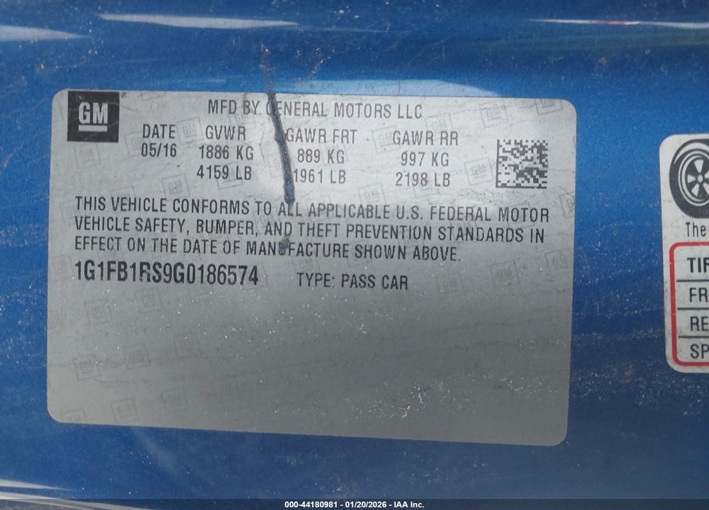 2016 CHEVROLET CAMARO 1LT VIN: 1G1FB1RS9G0186574