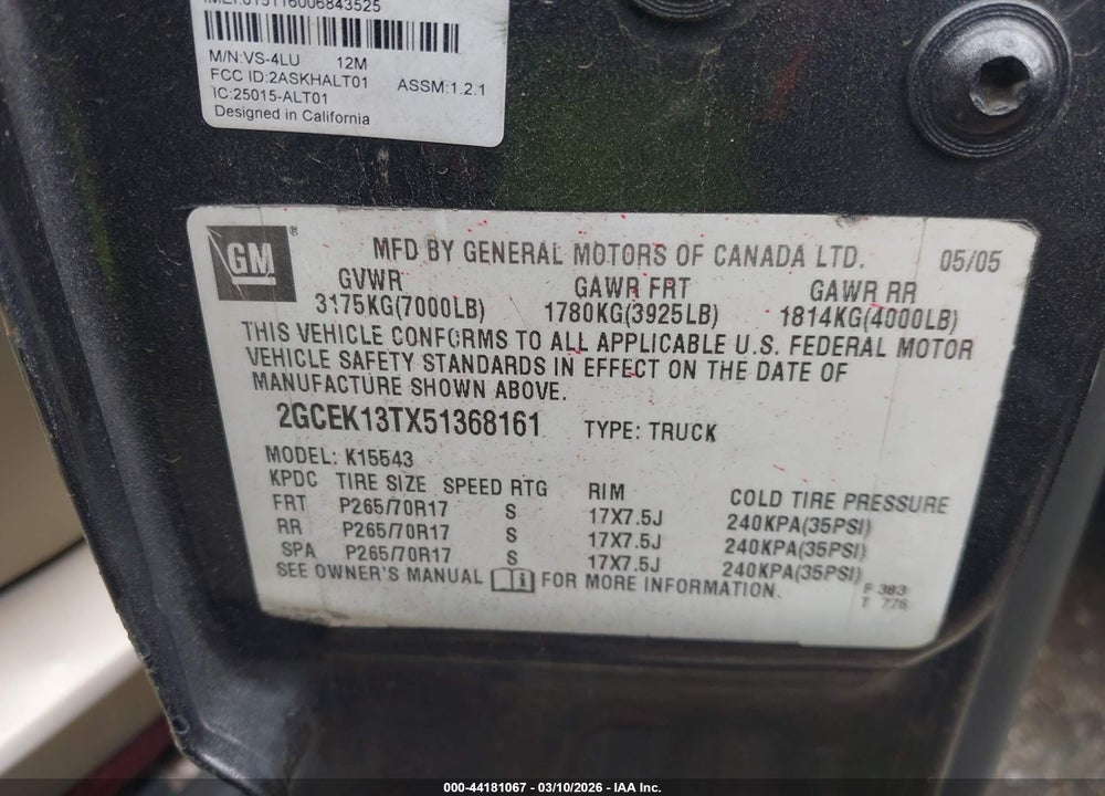 2005 CHEVROLET SILVERADO 1500 Z71 VIN: 2GCEK13TX51368161