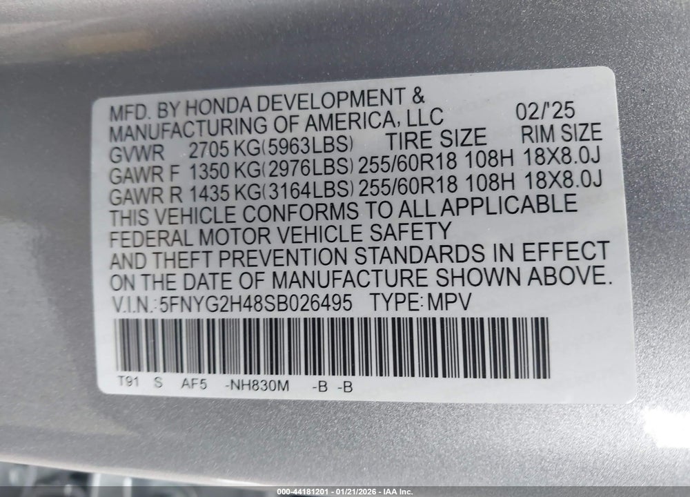 2025 HONDA PILOT EX-L VIN: 5FNYG2H48SB026495