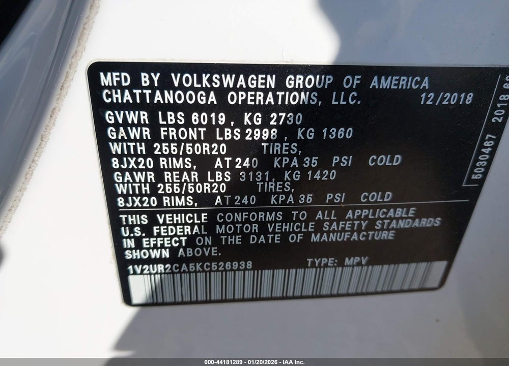 2019 VOLKSWAGEN ATLAS 3.6L V6 SE W/TECHNOLOGY VIN: 1V2UR2CA5KC526938