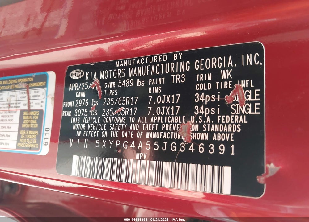2018 KIA SORENTO 3.3L LX VIN: 5XYPG4A55JG346391