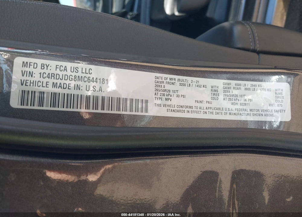 2021 DODGE DURANGO GT PLUS AWD VIN: 1C4RDJDG8MC644181