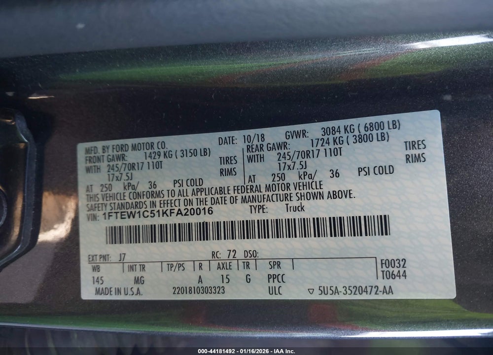 2019 FORD F-150 XLT VIN: 1FTEW1C51KFA20016