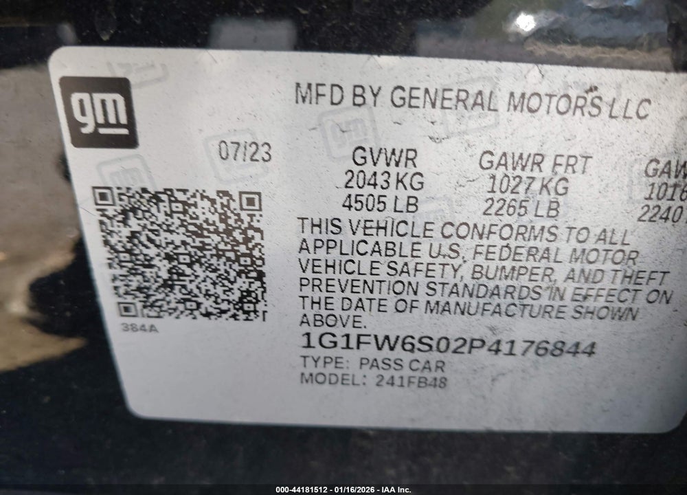 2023 CHEVROLET BOLT EV FWD 1LT VIN: 1G1FW6S02P4176844