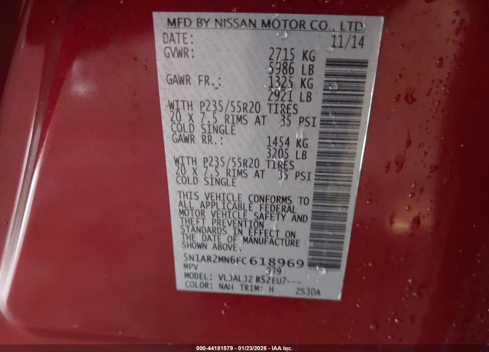 2015 NISSAN PATHFINDER PLATINUM VIN: 5N1AR2MN6FC618969