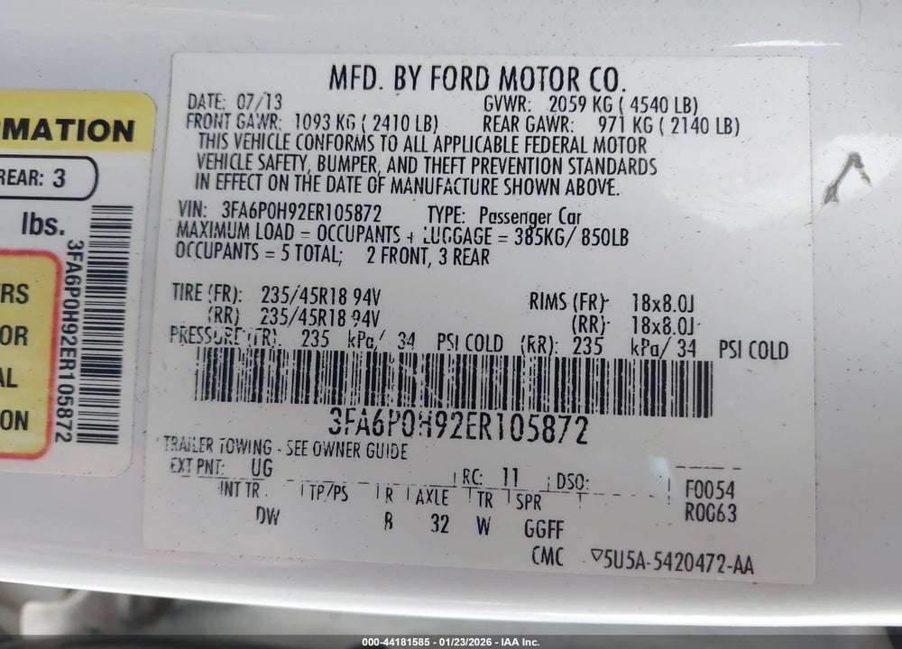 2014 FORD FUSION SE VIN: 3FA6P0H92ER105872