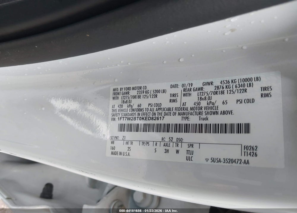 2019 FORD F-250 XLT VIN: 1FT7W2BT0KED82617