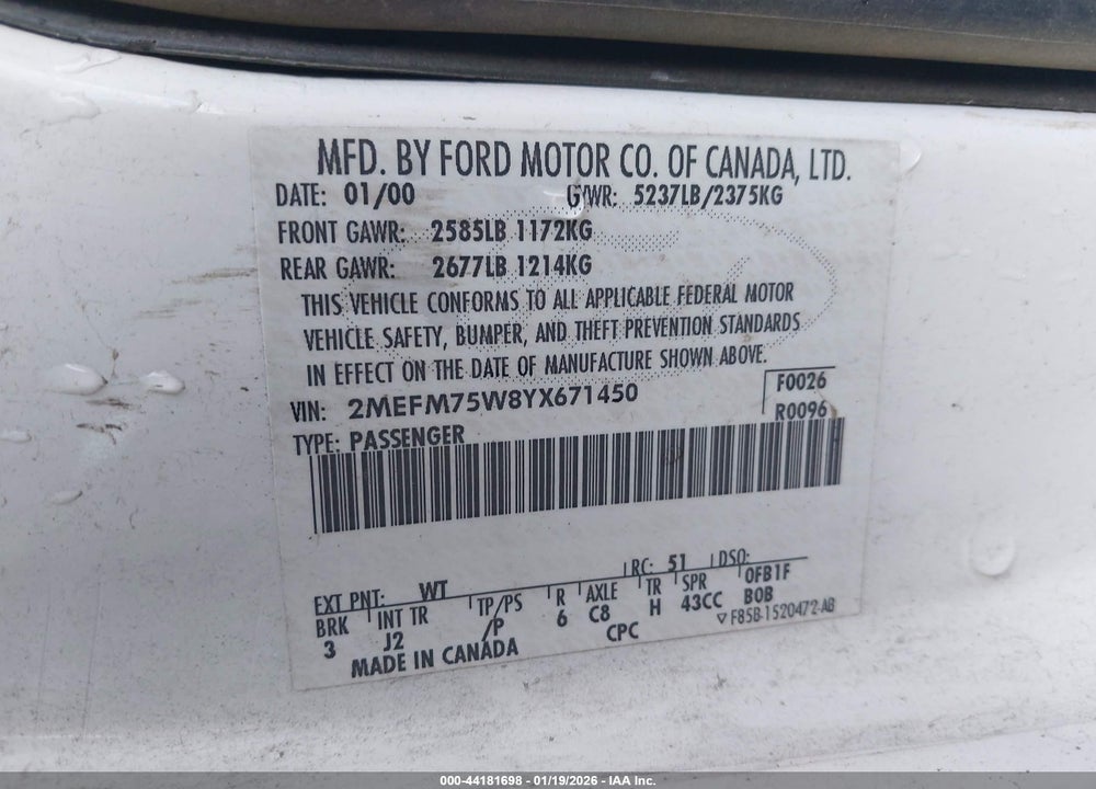 2000 MERCURY GRAND MARQUIS LS VIN: 2MEFM75W8YX671450