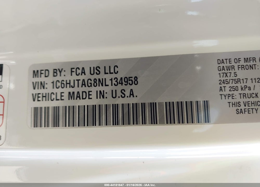 2022 JEEP GLADIATOR ALTITUDE 4X4 VIN: 1C6HJTAG8NL134958