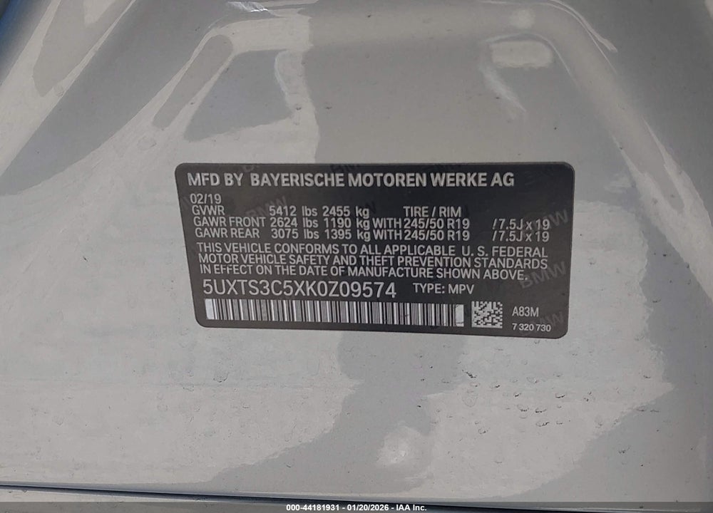 2019 BMW X3 M40I VIN: 5UXTS3C5XK0Z09574