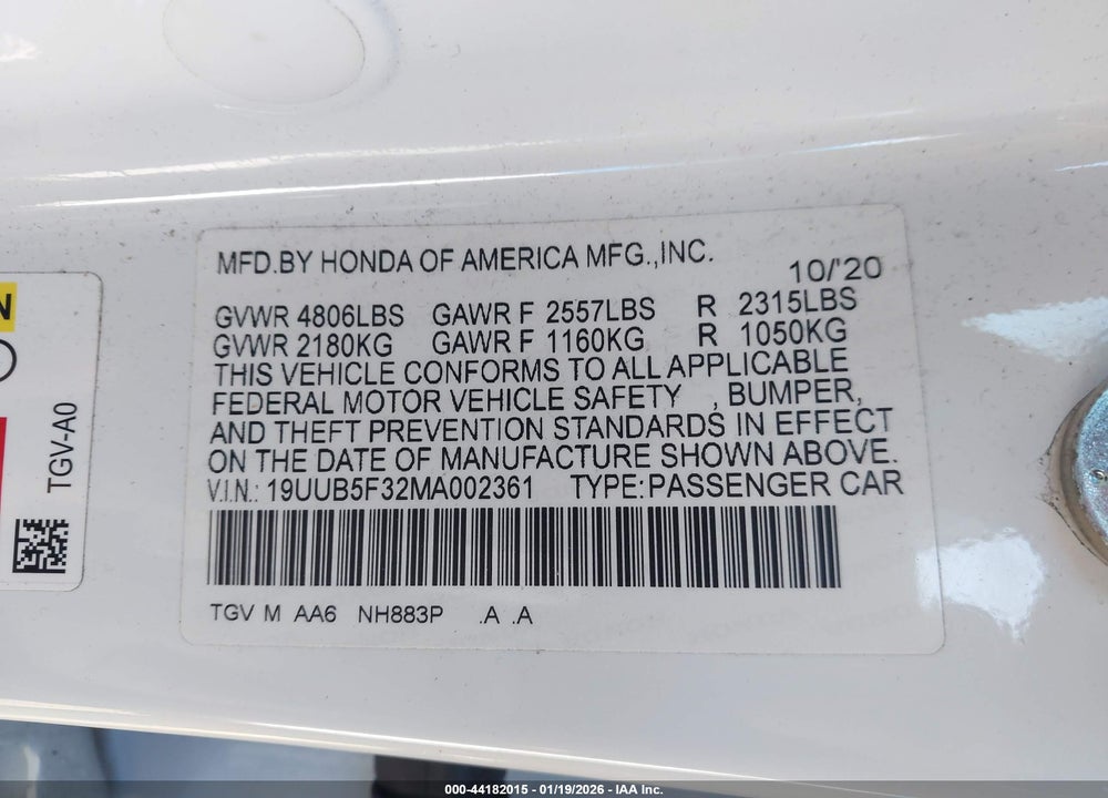 2021 ACURA TLX STANDARD VIN: 19UUB5F32MA002361