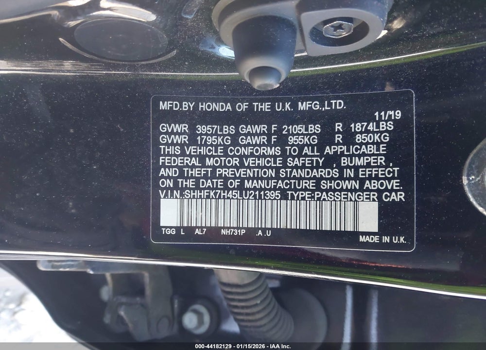 2020 HONDA CIVIC SPORT VIN: SHHFK7H45LU211395