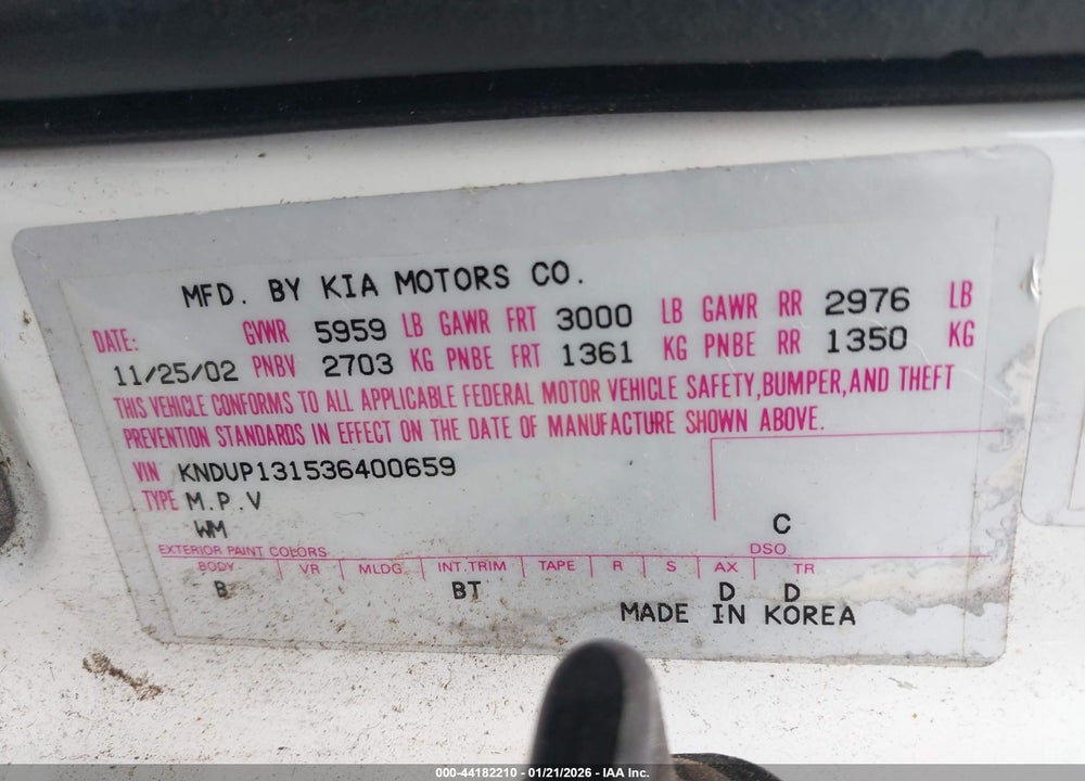 2003 KIA SEDONA EX/LX VIN: KNDUP131536400659