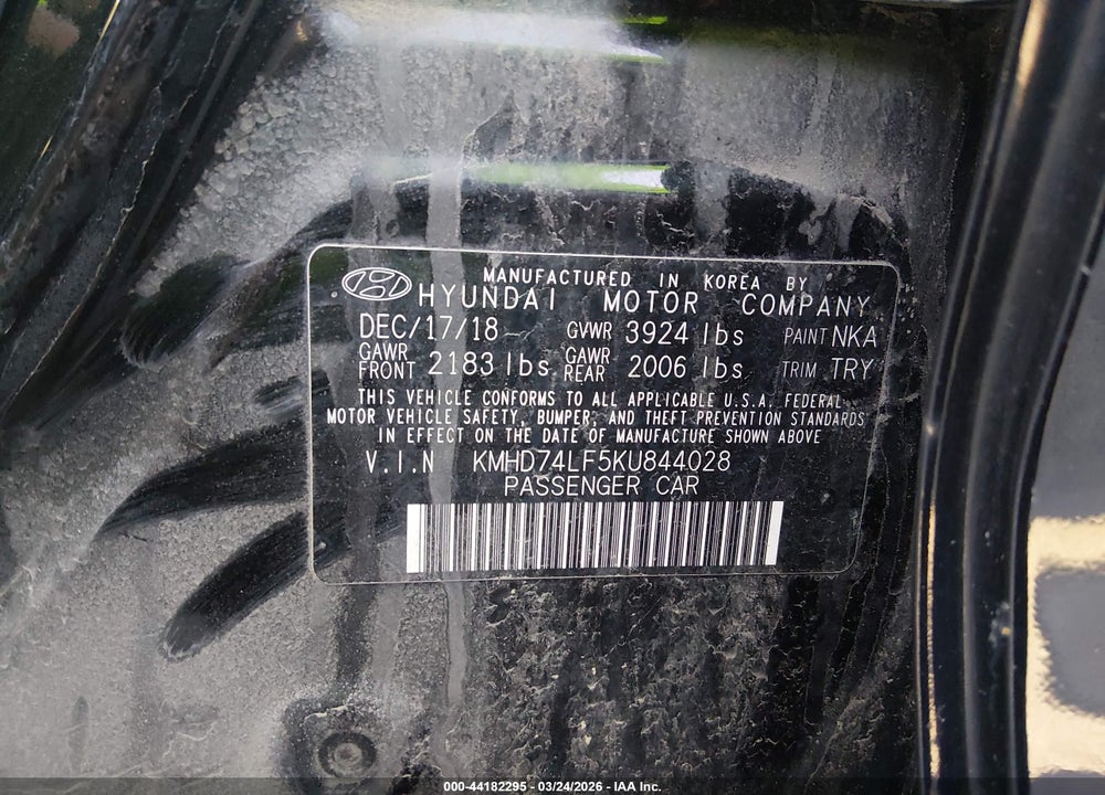 2019 HYUNDAI ELANTRA SE VIN: KMHD74LF5KU844028