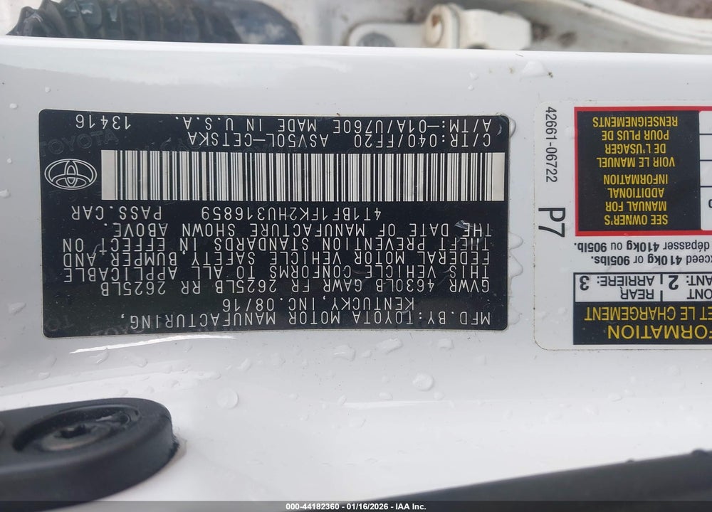 2017 TOYOTA CAMRY LE/SE/XLE/XSE VIN: 4T1BF1FK2H4316859