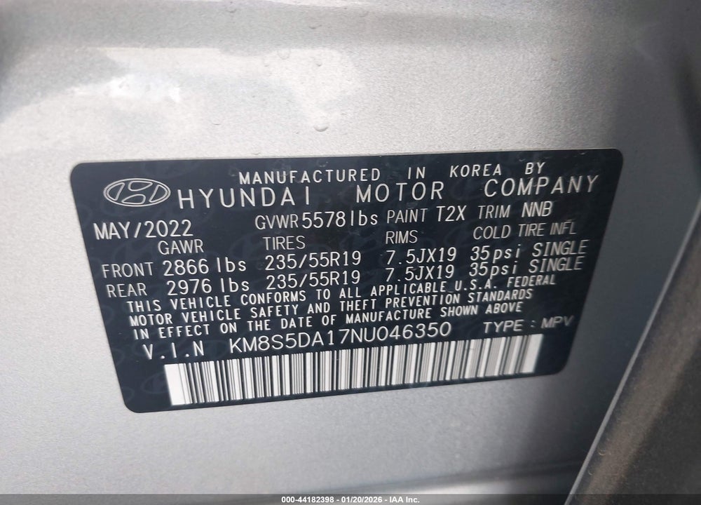 2022 HYUNDAI SANTA FE HYBRID LIMITED VIN: KM8S5DA17NU046350