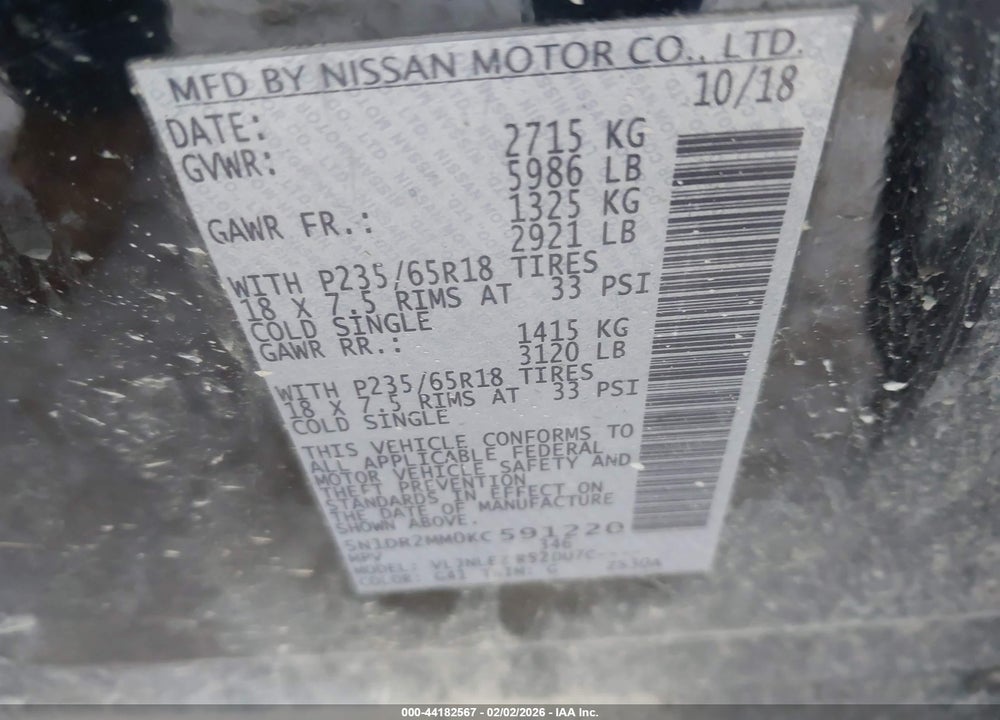2019 NISSAN PATHFINDER SV VIN: 5N1DR2MM0KC591220