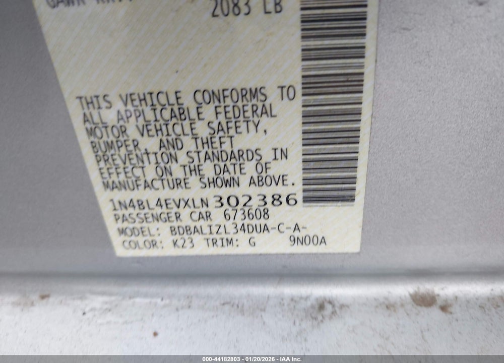 2020 NISSAN ALTIMA SL FWD VIN: 1N4BL4EVXLN302386