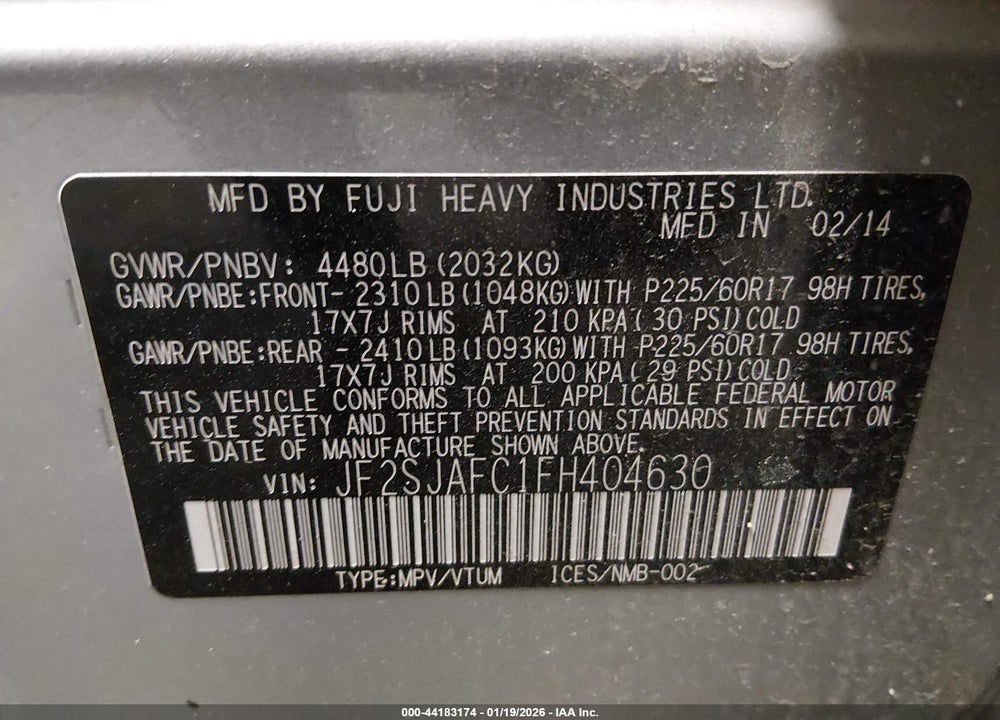 2015 SUBARU FORESTER VIN: JF2SJAFC1FH404630
