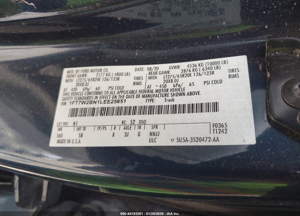 2020 FORD F-250 LARIAT VIN: 1FT7W2BN1LEE25851