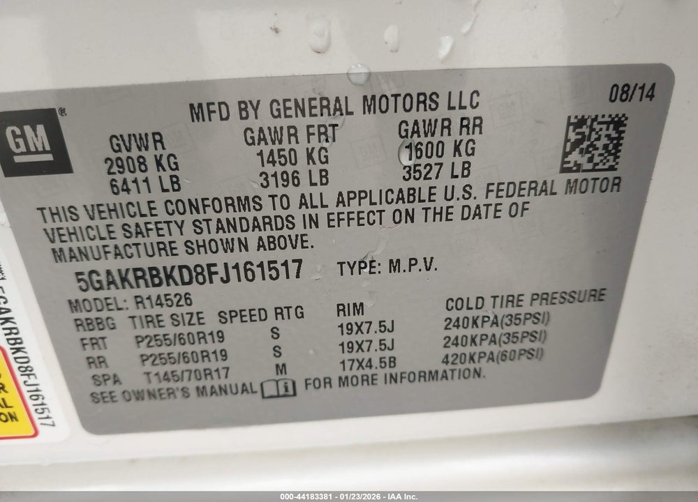2015 BUICK ENCLAVE LEATHER VIN: 5GAKRBKD8FJ161517