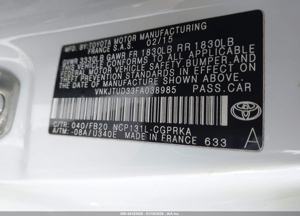 2015 TOYOTA YARIS LE VIN: VNKJTUD33FA038985