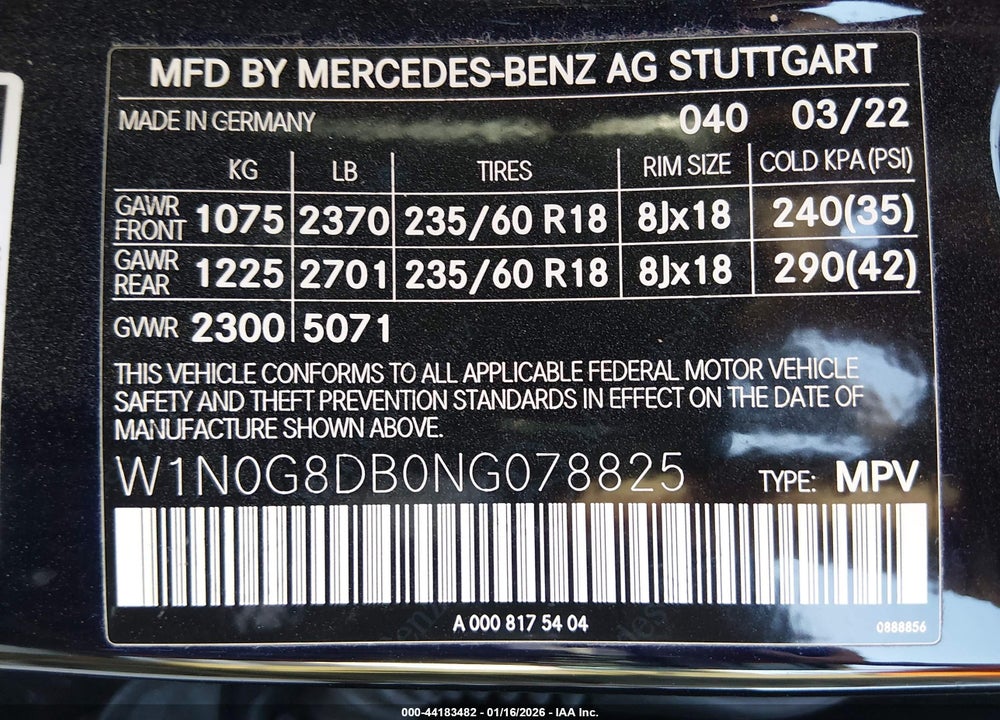 2022 MERCEDES-BENZ GLC 300 SUV VIN: W1N0G8DB0NG078825