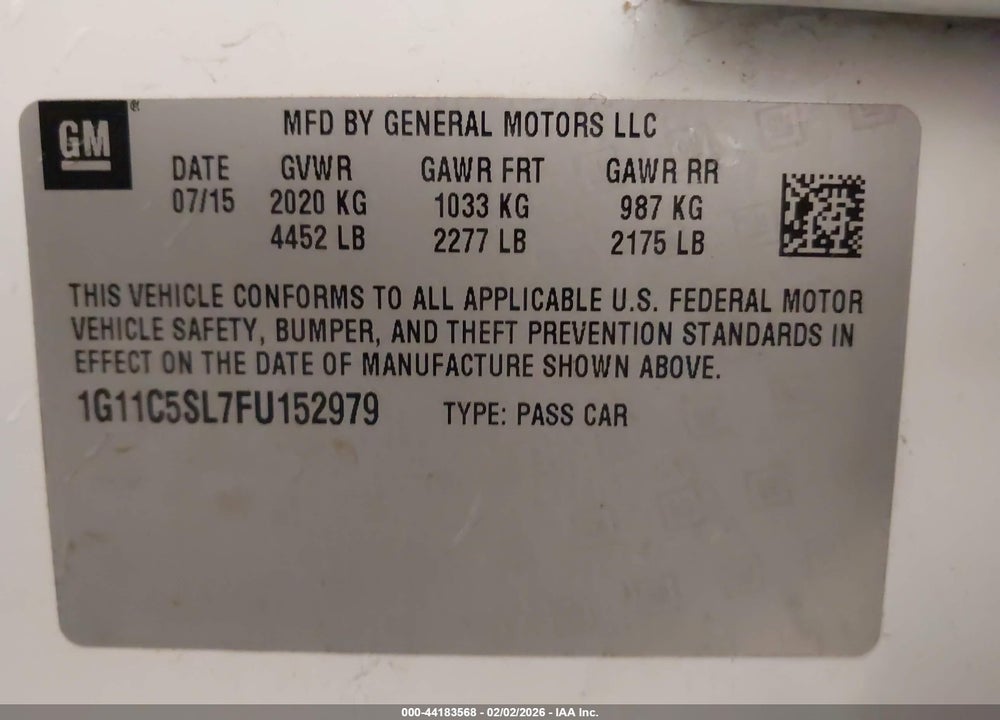 2015 CHEVROLET MALIBU 1LT VIN: 1G11C5SL7FU152979