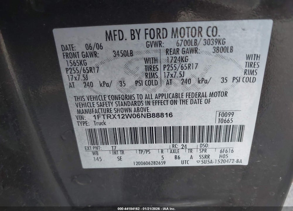 2006 FORD F-150 STX/XL/XLT VIN: 1FTRX12W06NB88816