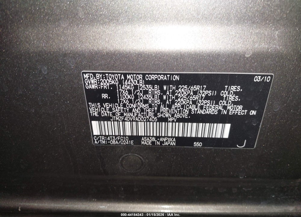 2010 TOYOTA RAV4 VIN: JTMZF4DV9AD027405