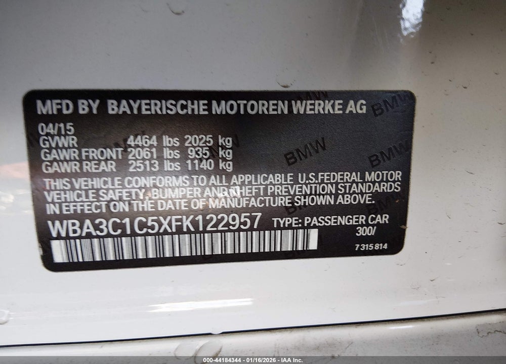 2015 BMW 328I VIN: WBA3C1C5XFK122957