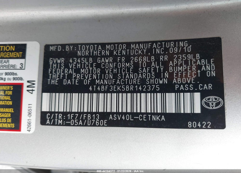 2011 TOYOTA CAMRY LE VIN: 4T4BF3EK5BR142375