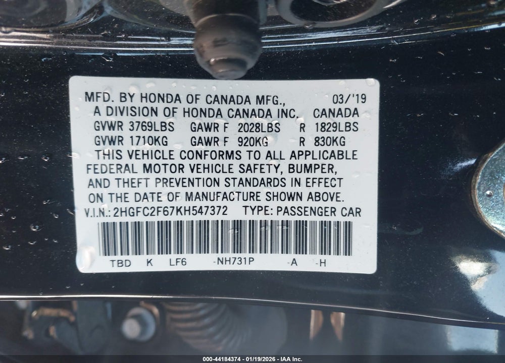 2019 HONDA CIVIC LX VIN: 2HGFC2F67KH547372