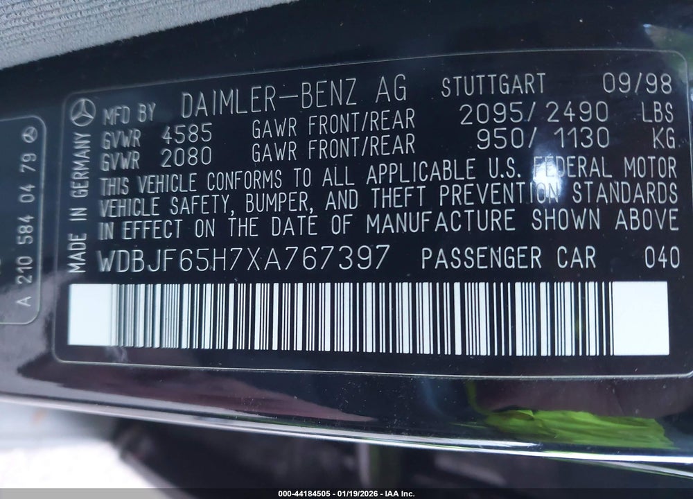 1999 MERCEDES-BENZ E 320 VIN: WDBJF65H7XA767397