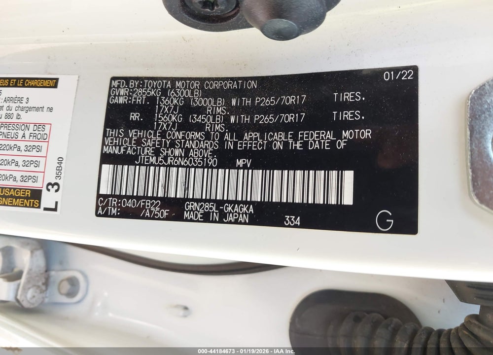 2022 TOYOTA 4RUNNER SR5 VIN: JTEMU5JR6N6035190