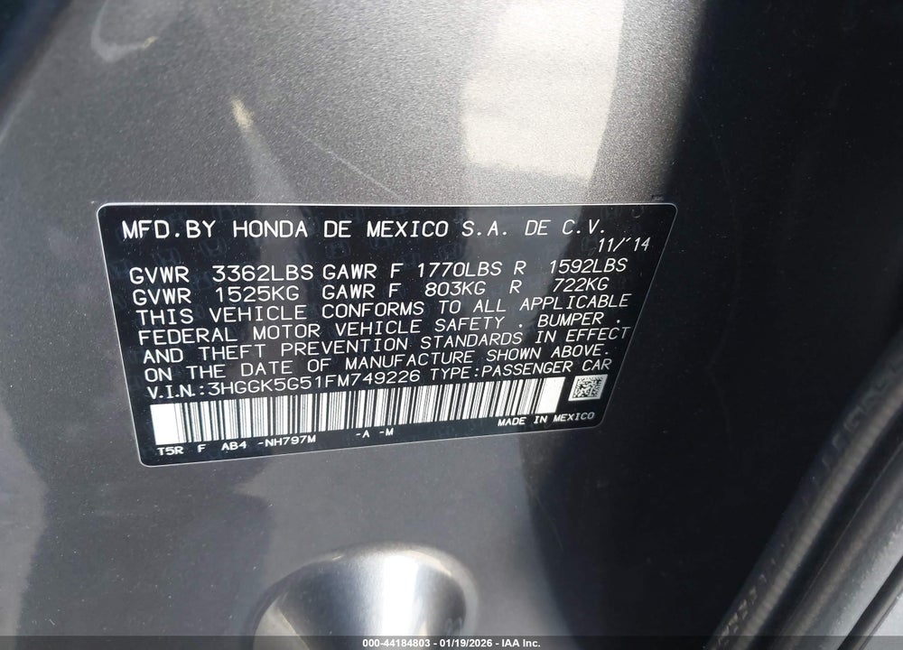 2015 HONDA FIT LX VIN: 3HGGK5G51FM749226