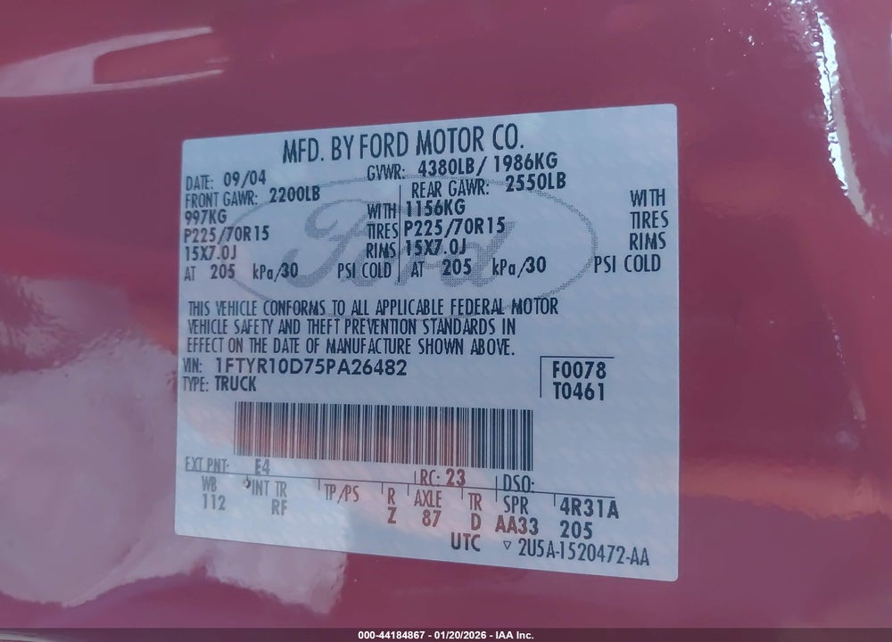 2005 FORD RANGER XL/XLS/XLT VIN: 1FTYR10D75PA26482