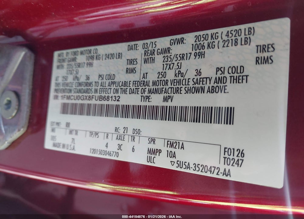 2015 FORD ESCAPE SE VIN: 1FMCU0GX8FUB68132
