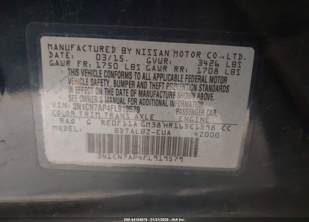 2015 NISSAN VERSA 1.6 SV VIN: 3N1CN7AP4FL919579