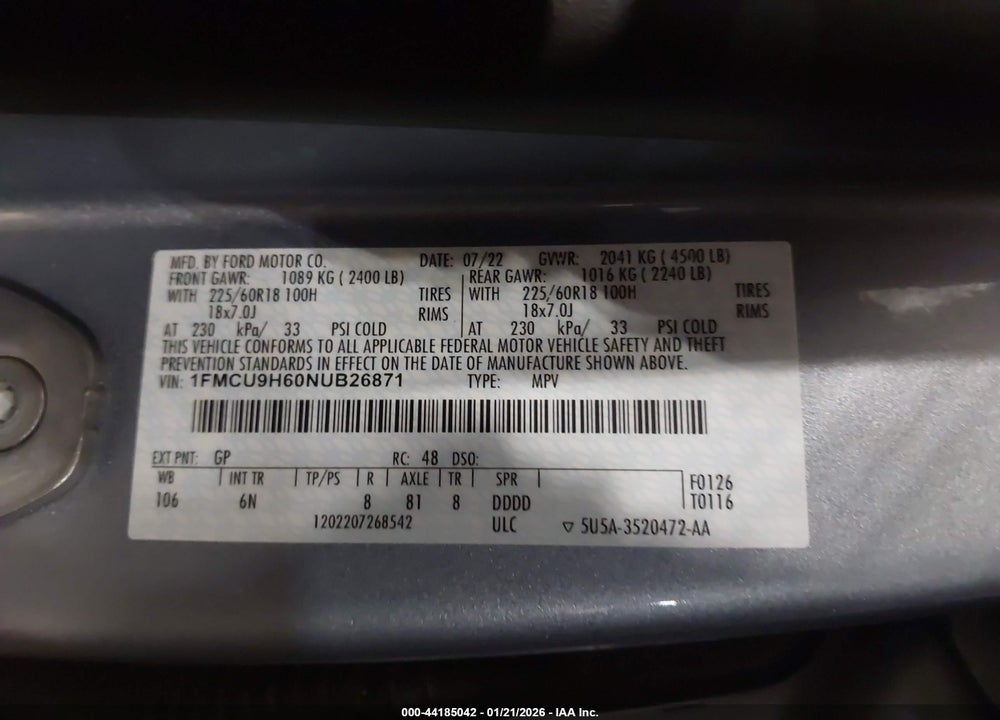 2022 FORD ESCAPE SEL VIN: 1FMCU9H60NUB26871