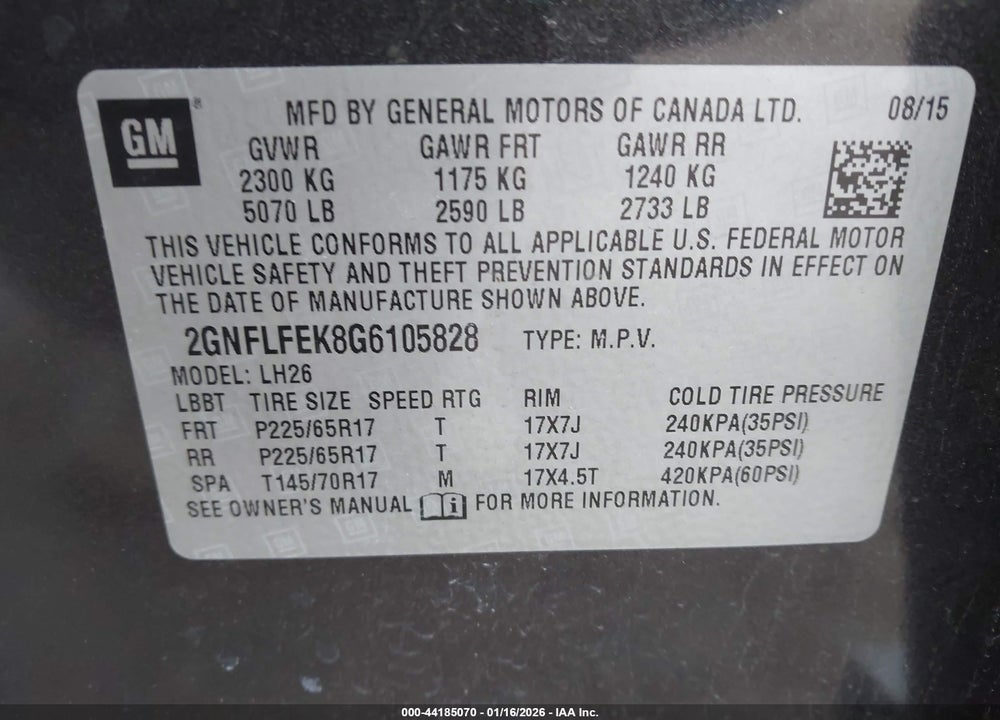 2016 CHEVROLET EQUINOX LT VIN: 2GNFLFEK8G6105828