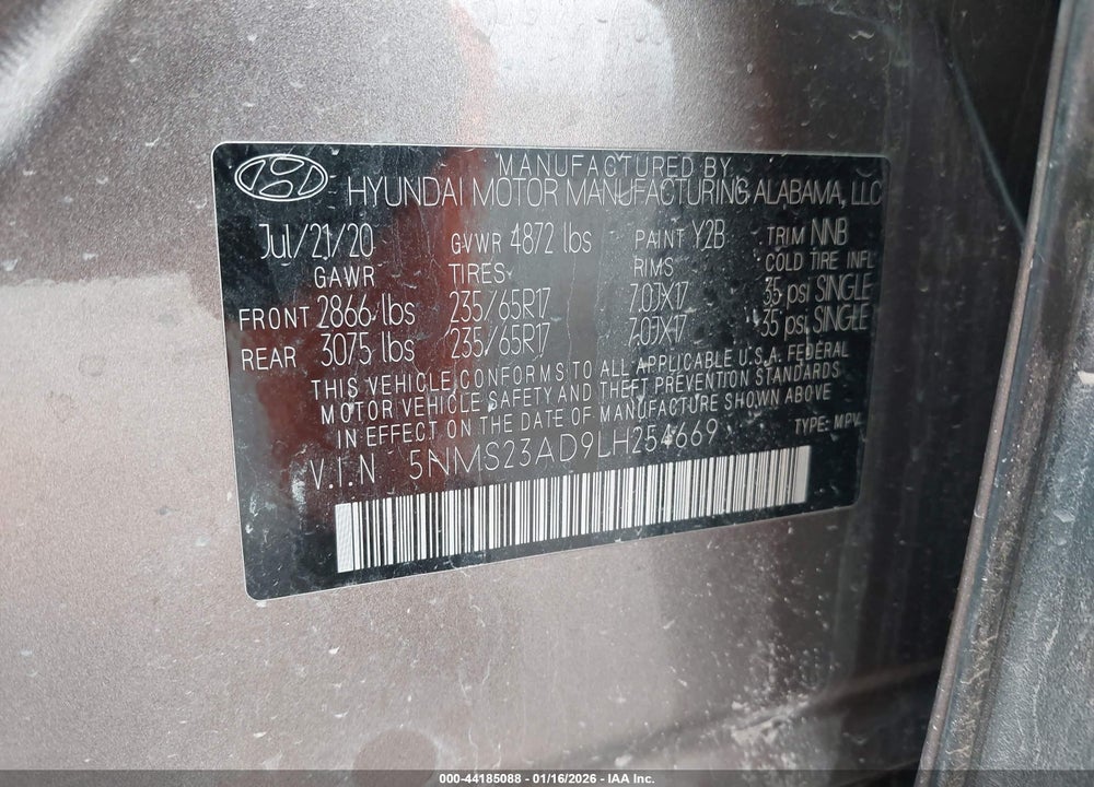 2020 HYUNDAI SANTA FE SE VIN: 5NMS23AD9LH254669