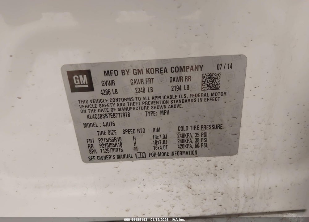 2014 BUICK ENCORE CONVENIENCE VIN: KL4CJBSB7EB777978