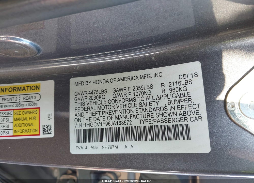 2018 HONDA ACCORD TOURING VIN: 1HGCV1F96JA168572
