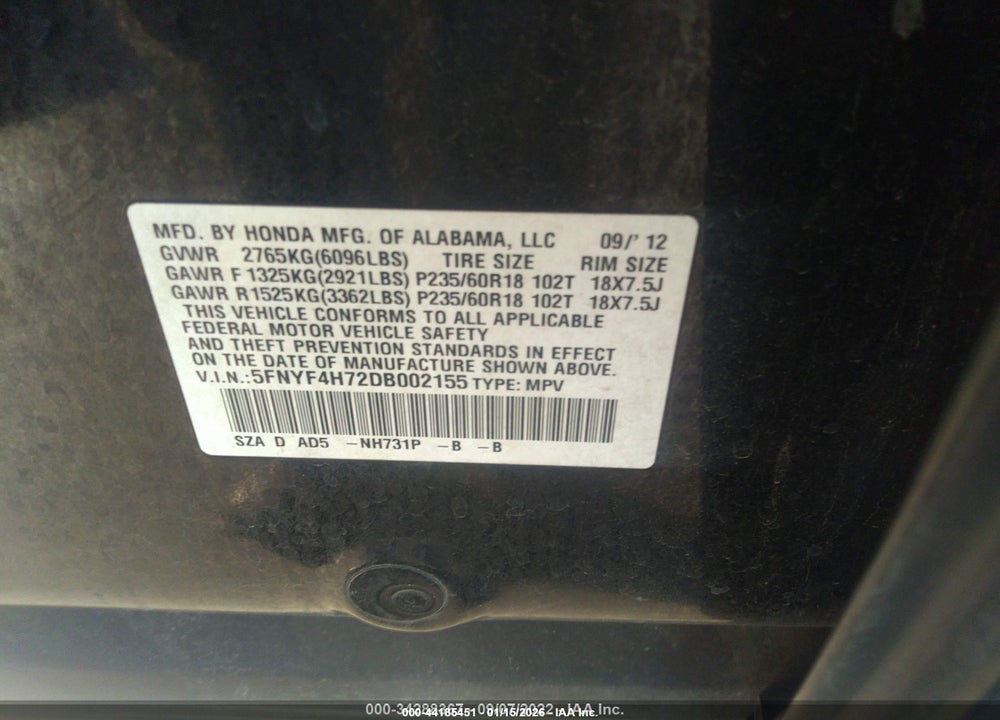 2013 HONDA PILOT EX-L VIN: 5FNYF4H72DB002155