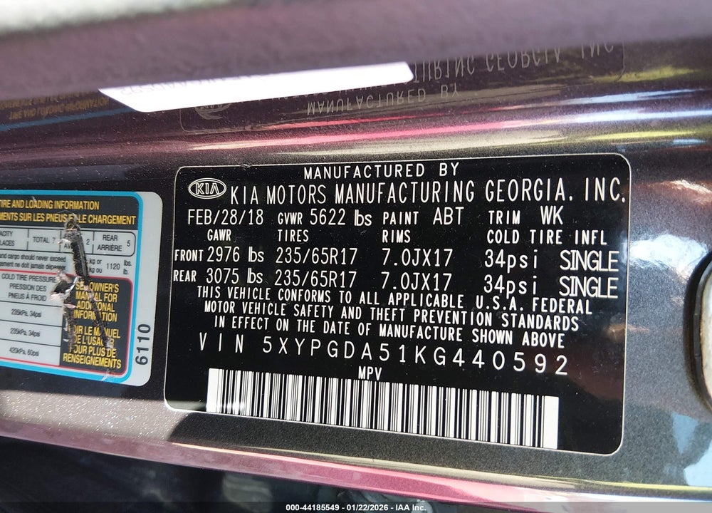 2019 KIA SORENTO 3.3L LX VIN: 5XYPGDA51KG440592