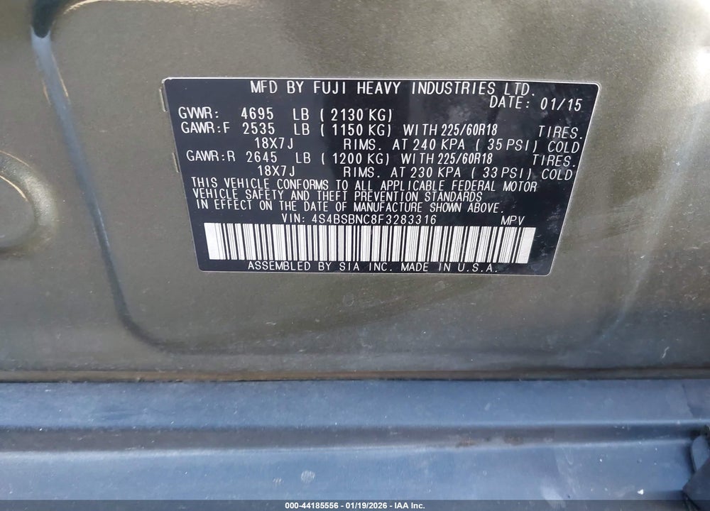 2015 SUBARU OUTBACK 2.5I LIMITED VIN: 4S4BSBNC8F3283316
