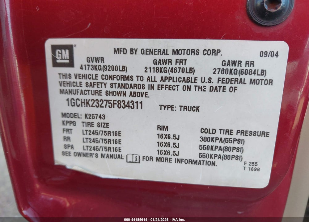 2005 CHEVROLET SILVERADO 2500HD LT VIN: 1GCHK23275F834311