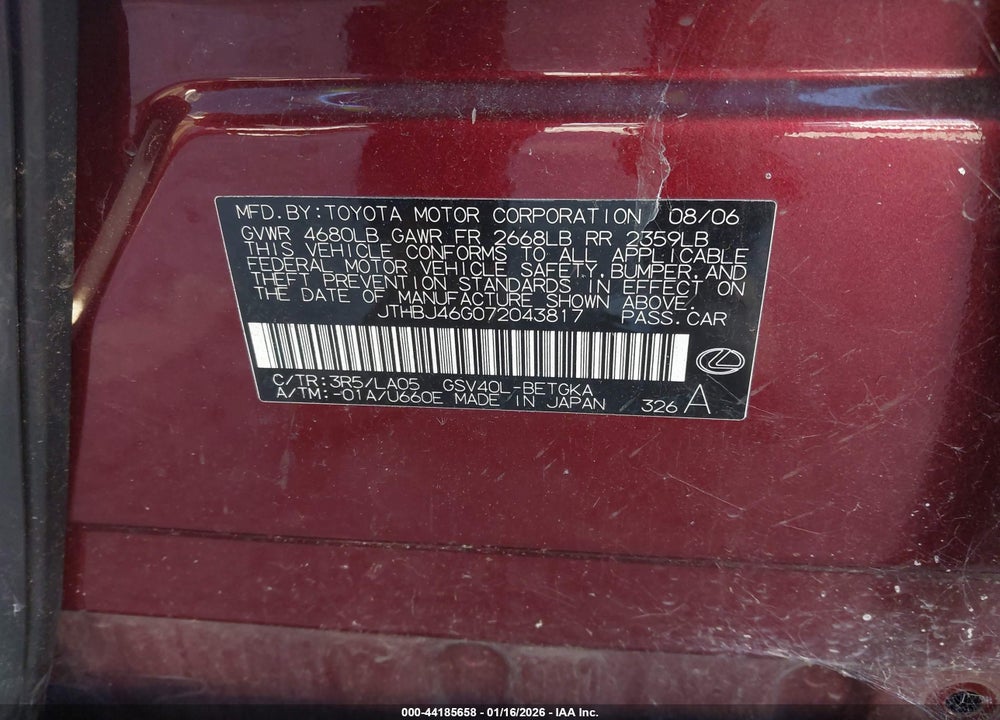 2007 LEXUS ES 350 VIN: JTHBJ46G072043817