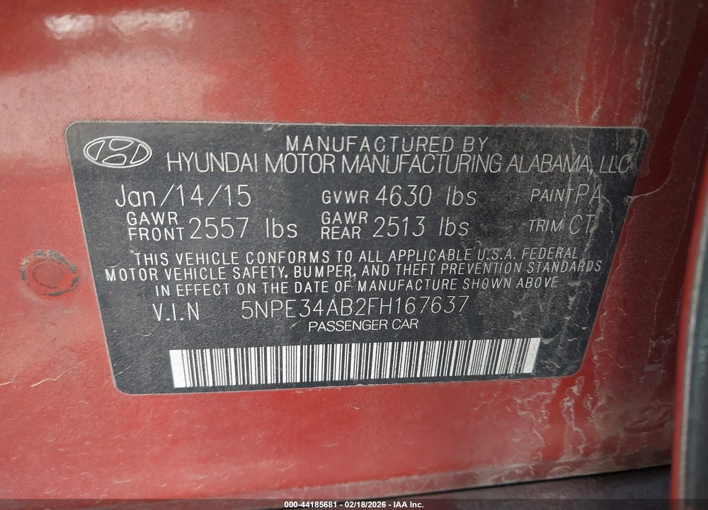 2015 HYUNDAI SONATA SPORT 2.0T VIN: 5NPE34AB2FH167637